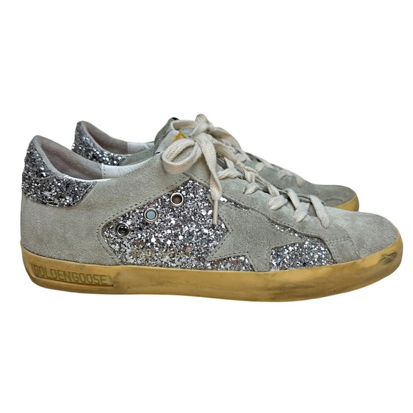 Golden Goose Super-Star Sneakers Suede Silver Glitter Distressed Women's 38